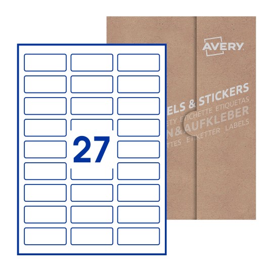 Hoja blanca con 27 etiquetas rectangulares 60x25mm con embalaje de papel - Etiquetas adhesivas rectangulares Avery 60 x 25mm