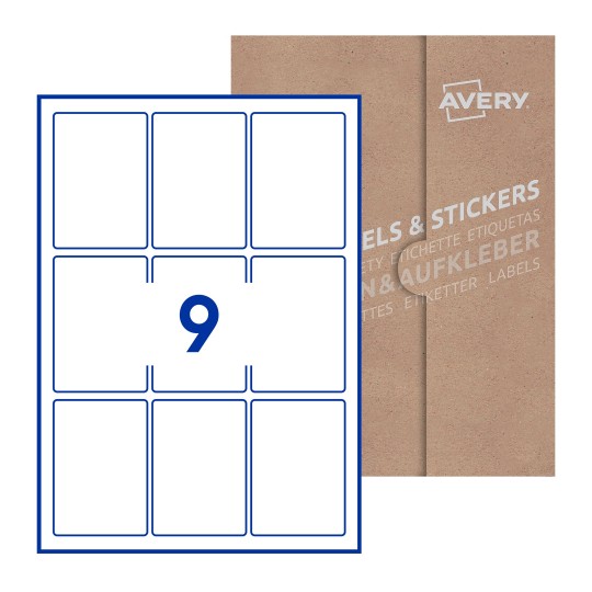Hoja blanca con 9 etiquetas rectangulares 62x89mm con embalaje de papel - Etiquetas adhesivas rectangulares Avery 62 x 89mm