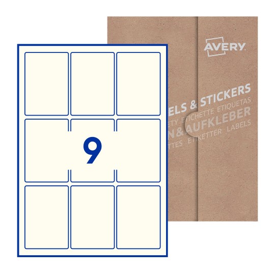 Hoja blanca con 9 etiquetas rectangulares 62x89mm con embalaje de papel - Etiquetas adhesivas rectangulares Avery 62 x 89mm