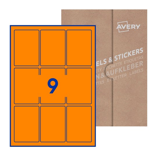 Hoja blanca con 9 etiquetas rectangulares 62x89mm con embalaje de papel - Etiquetas adhesivas rectangulares Avery 62 x 89mm