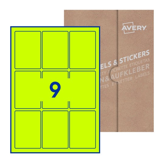 Hoja blanca con 9 etiquetas rectangulares 62x89mm con embalaje de papel - Etiquetas adhesivas rectangulares Avery 62 x 89mm