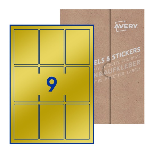 Hoja blanca con 9 etiquetas rectangulares 62x89mm con embalaje de papel - Etiquetas adhesivas rectangulares Avery 62 x 89mm