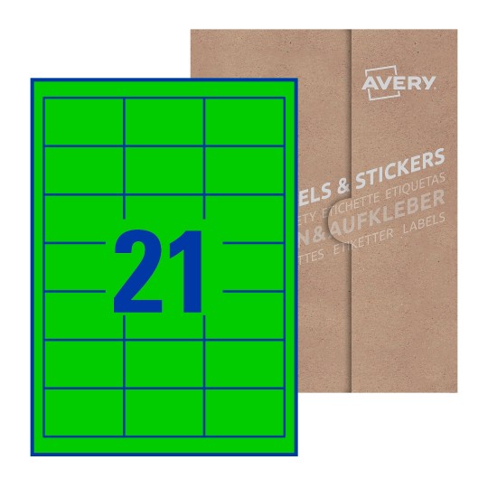 Hoja blanca con 21 etiquetas rectangulares 63x28mm con embalaje de papel - Etiquetas adhesivas rectangulares 63 x 38  mm