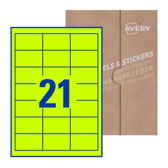 Hoja blanca con 21 etiquetas rectangulares 63x28mm con embalaje de papel - Etiquetas adhesivas rectangulares 63 x 38  mm