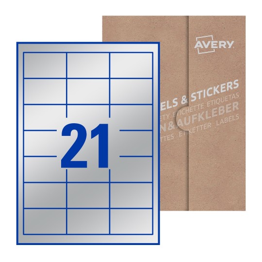 Hoja blanca con 21 etiquetas rectangulares 63x28mm con embalaje de papel - Etiquetas adhesivas rectangulares 63 x 38  mm