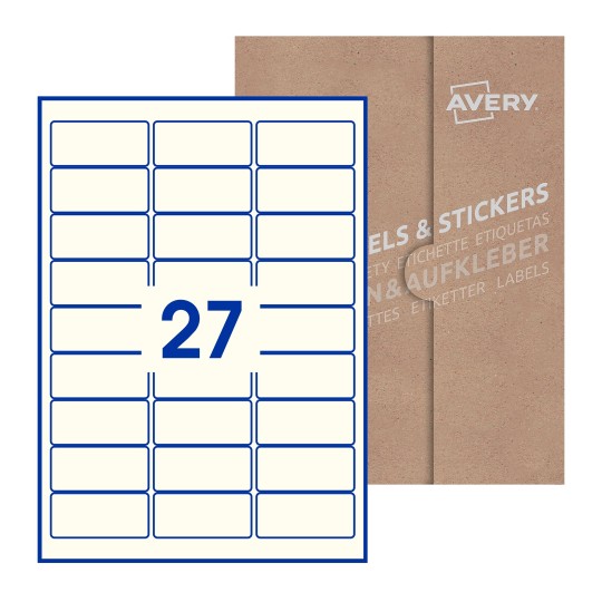 Hoja blanca con 27 etiquetas rectangulares 64x30mm con embalaje de papel - Etiquetas adhesivas rectangulares Avery 64 x 30mm