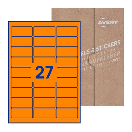 Hoja blanca con 27 etiquetas rectangulares 64x30mm con embalaje de papel - Etiquetas adhesivas rectangulares Avery 64 x 30mm
