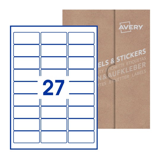 Hoja blanca con 27 etiquetas rectangulares 64x30mm con embalaje de papel - Etiquetas adhesivas rectangulares Avery 64 x 30mm