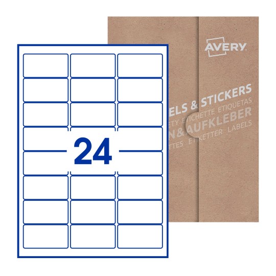 Hoja blanca con 24 etiquetas rectangulares 64x34mm con embalaje de papel - Etiquetas adhesivas rectangulares Avery 64 x 34mm