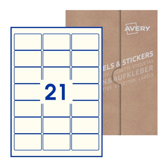 Hoja blanca con 21 etiquetas rectangulares 64x38mm con embalaje de papel - Etiquetas adhesivas rectangulares Avery 64 x 38mm