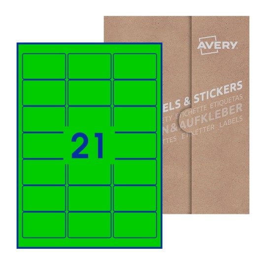 Hoja blanca con 21 etiquetas rectangulares 64x38mm con embalaje de papel - Etiquetas adhesivas rectangulares Avery 64 x 38mm