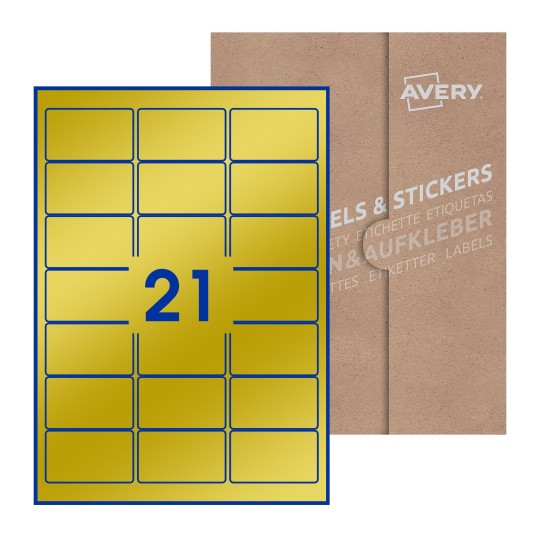Hoja blanca con 21 etiquetas rectangulares 64x38mm con embalaje de papel - Etiquetas adhesivas rectangulares Avery 64 x 38mm