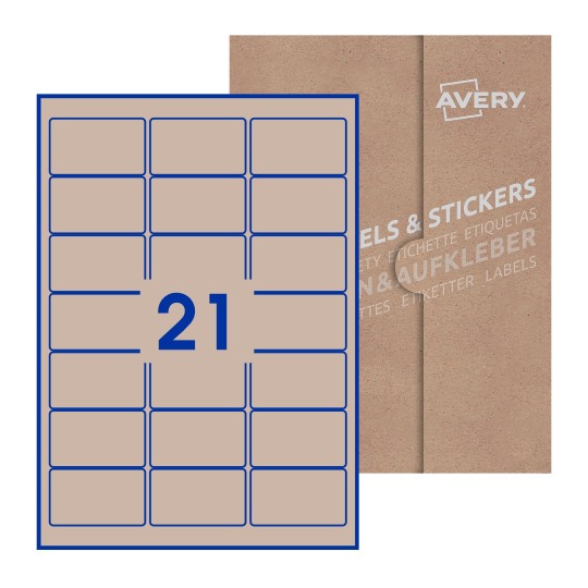 Hoja blanca con 21 etiquetas rectangulares 64x38mm con embalaje de papel - Etiquetas adhesivas rectangulares Avery 64 x 38mm