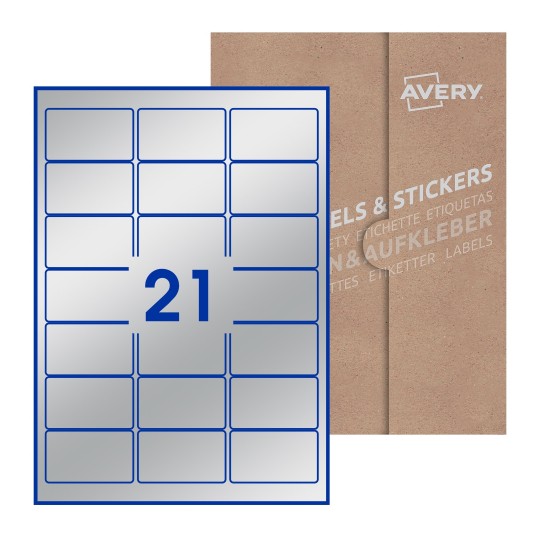 Hoja blanca con 21 etiquetas rectangulares 64x38mm con embalaje de papel - Etiquetas adhesivas rectangulares Avery 64 x 38mm