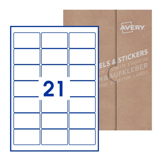 Hoja blanca con 21 etiquetas rectangulares 64x38mm con embalaje de papel - Etiquetas adhesivas rectangulares Avery 64 x 38mm