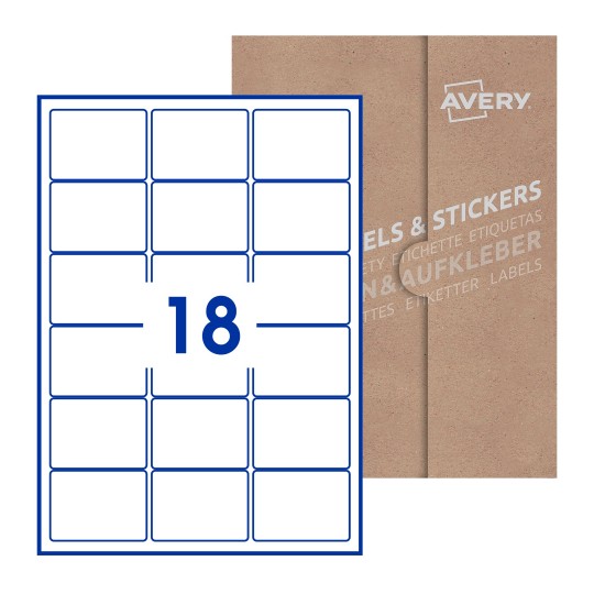 Hoja blanca con 15 etiquetas rectangulares 64x47mm con embalaje de papel - Etiquetas adhesivas rectangulares Avery 64 x 47mm