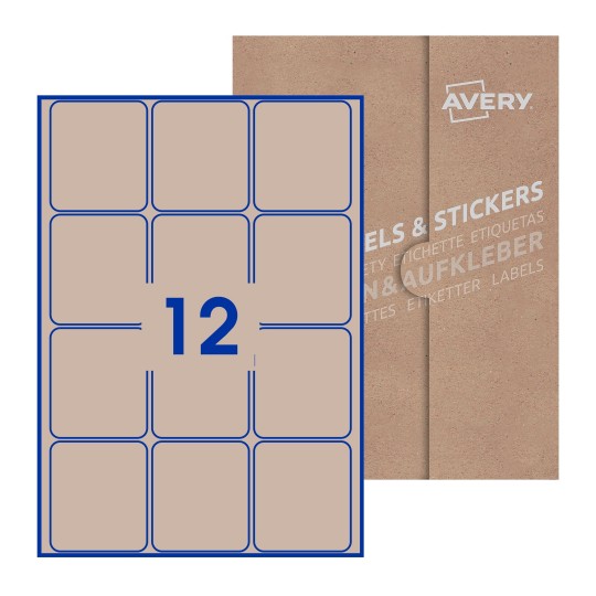 Hoja blanca con 12 etiquetas rectangulares 64x72mm con embalaje de papel - Etiquetas adhesivas rectangulares Avery 64 x 72mm