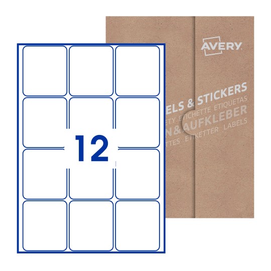 Hoja blanca con 12 etiquetas rectangulares 64x72mm con embalaje de papel - Etiquetas adhesivas rectangulares Avery 64 x 72mm