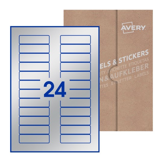 Hoja blanca con 24 etiquetas rectangulares 72x21mm con embalaje de papel - Etiquetas adhesivas rectangulares Avery 72 x 21mm
