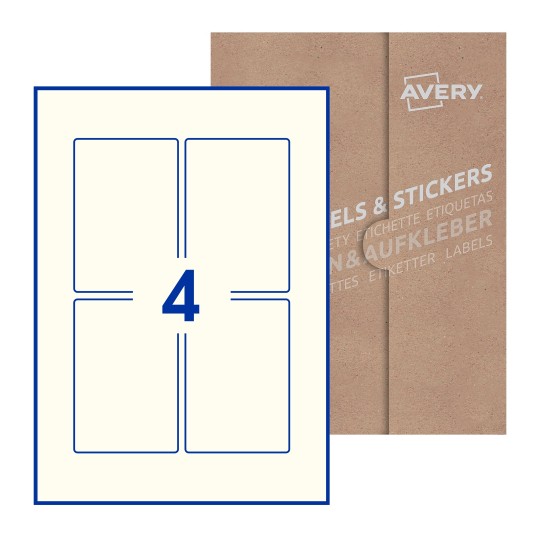 Hoja blanca con 4 etiquetas rectangulares 75x110mm con embalaje de papel - Etiquetas adhesivas rectangulares Avery 75 x 110mm