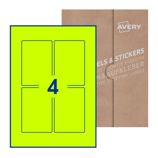 Hoja blanca con 4 etiquetas rectangulares 75x110mm con embalaje de papel - Etiquetas adhesivas rectangulares Avery 75 x 110mm