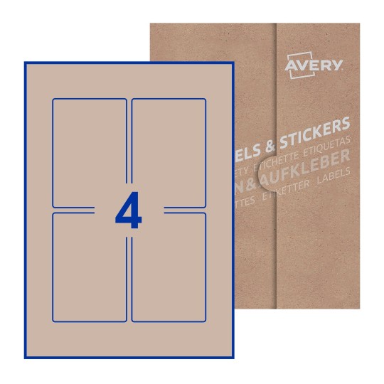 Hoja blanca con 4 etiquetas rectangulares 75x110mm con embalaje de papel - Etiquetas adhesivas rectangulares Avery 75 x 110mm