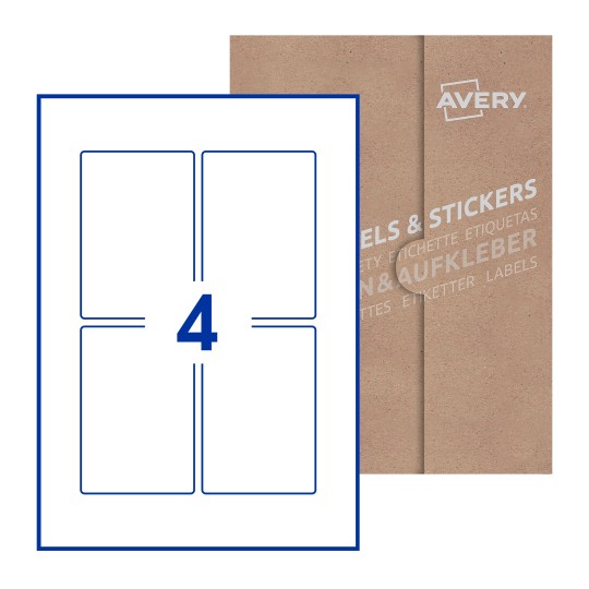 Hoja blanca con 4 etiquetas rectangulares 75x110mm con embalaje de papel - Etiquetas adhesivas rectangulares Avery 75 x 110mm