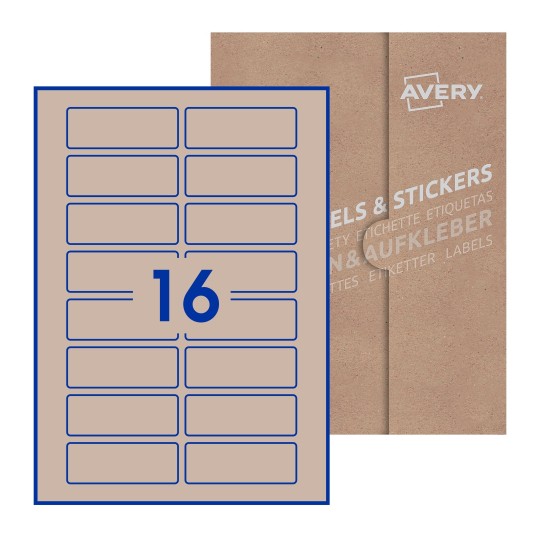 Hoja blanca con 16 etiquetas rectangulares 80x30mm con embalaje de papel - Etiquetas adhesivas rectangulares Avery 80 x 30mm