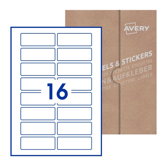 Hoja blanca con 16 etiquetas rectangulares 80x30mm con embalaje de papel - Etiquetas adhesivas rectangulares Avery 80 x 30mm