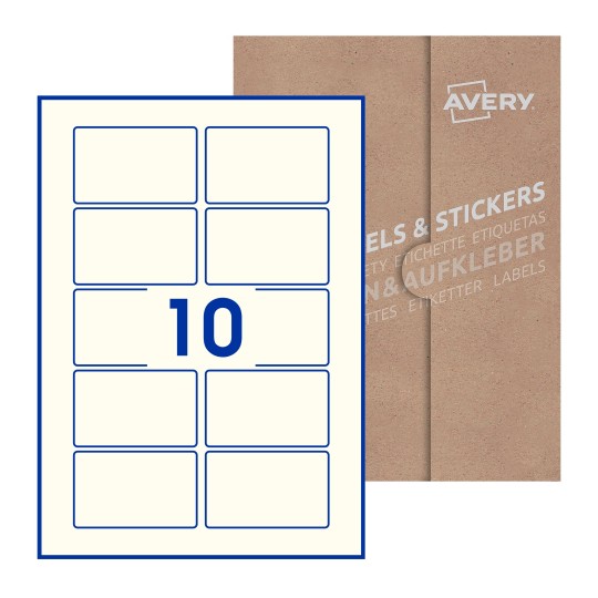 Hoja blanca con 10 etiquetas rectangulares 80x50mm con embalaje de papel - Etiquetas adhesivas rectangulares Avery 80 x 50mm