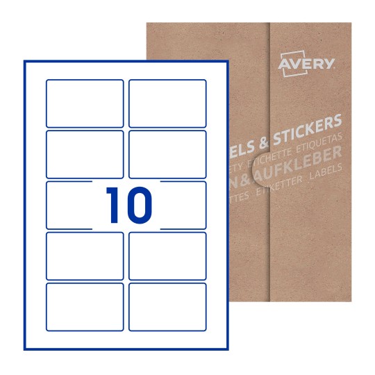 Hoja blanca con 10 etiquetas rectangulares 80x50mm con embalaje de papel - Etiquetas adhesivas rectangulares Avery 80 x 50mm
