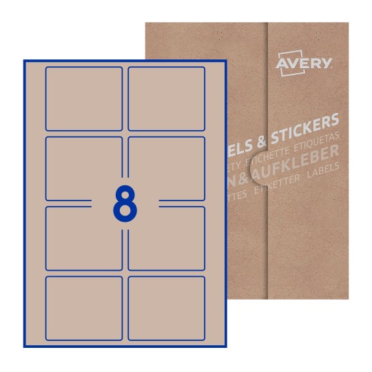 Hoja blanca con 8 etiquetas rectangulares 80x67mm con embalaje de papel - Etiquetas adhesivas rectangulares Avery 80 x 67mm