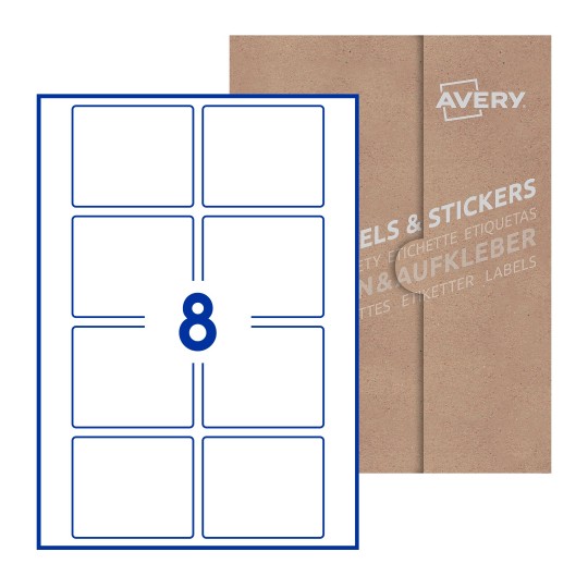 Hoja blanca con 8 etiquetas rectangulares 80x67mm con embalaje de papel - Etiquetas adhesivas rectangulares Avery 80 x 67mm