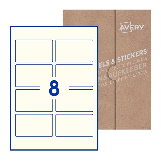 Hoja blanca con 10 etiquetas rectangulares 90x54mm con embalaje de papel - Etiquetas adhesivas rectangulares Avery 90 x 54mm