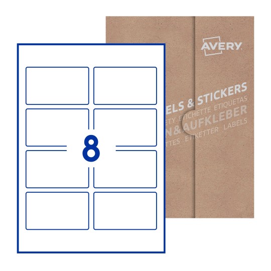 Hoja blanca con 10 etiquetas rectangulares 90x54mm con embalaje de papel - Etiquetas adhesivas rectangulares Avery 90 x 54mm