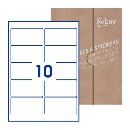 Hoja blanca con 10 etiquetas rectangulares 96x51mm con embalaje de papel - Etiquetas adhesivas rectangulares Avery 96 x 51mm