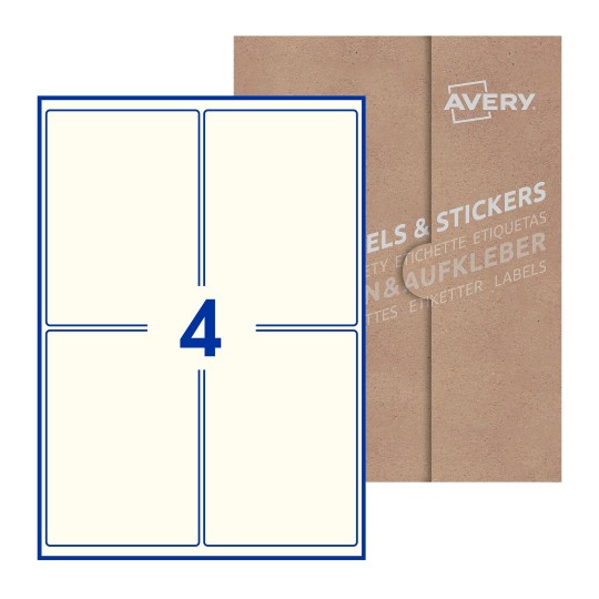 Hoja blanca con 4 etiquetas rectangulares 99x139mm con embalaje de papel - Etiquetas adhesivas rectangulares Avery 99 x 139mm
