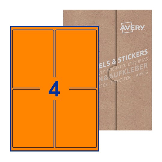 Hoja blanca con 4 etiquetas rectangulares 99x139mm con embalaje de papel - Etiquetas adhesivas rectangulares Avery 99 x 139mm