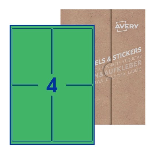Hoja blanca con 4 etiquetas rectangulares 99x139mm con embalaje de papel - Etiquetas adhesivas rectangulares Avery 99 x 139mm