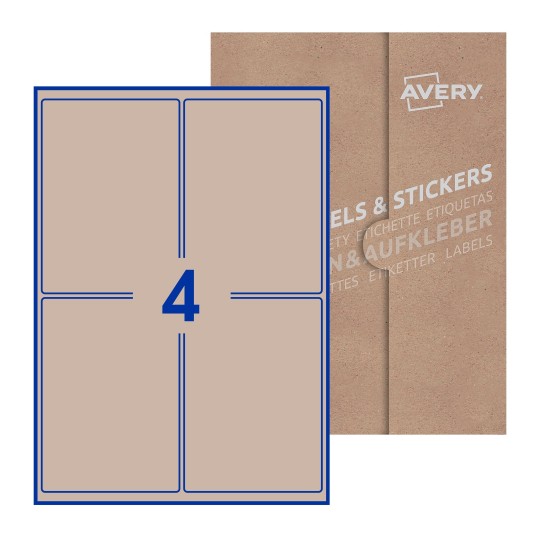 Hoja blanca con 4 etiquetas rectangulares 99x139mm con embalaje de papel - Etiquetas adhesivas rectangulares Avery 99 x 139mm
