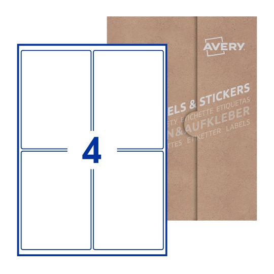 Hoja blanca con 4 etiquetas rectangulares 99x139mm con embalaje de papel - Etiquetas adhesivas rectangulares Avery 99 x 139mm