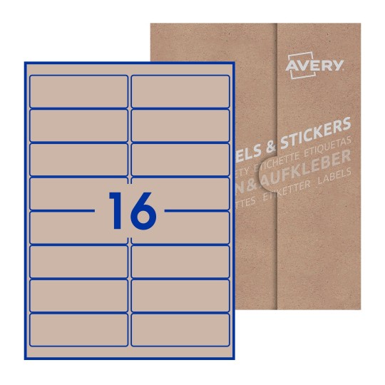 Hoja blanca con 16 etiquetas rectangulares 99x34mm con embalaje de papel - Etiquetas adhesivas rectangulares Avery 99 x 34mm