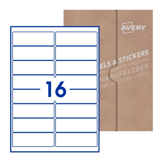 Hoja blanca con 16 etiquetas rectangulares 99x34mm con embalaje de papel - Etiquetas adhesivas rectangulares Avery 99 x 34mm