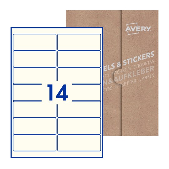 Hoja blanca con 14 etiquetas rectangulares 99x38mm con embalaje de papel - Etiquetas adhesivas rectangulares Avery 99 x 38mm