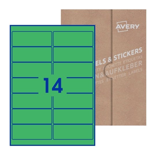Hoja blanca con 14 etiquetas rectangulares 99x38mm con embalaje de papel - Etiquetas adhesivas rectangulares Avery 99 x 38mm