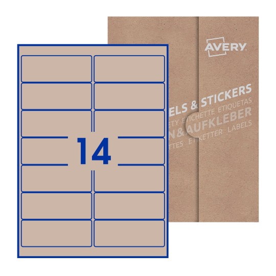 Hoja blanca con 14 etiquetas rectangulares 99x38mm con embalaje de papel - Etiquetas adhesivas rectangulares Avery 99 x 38mm