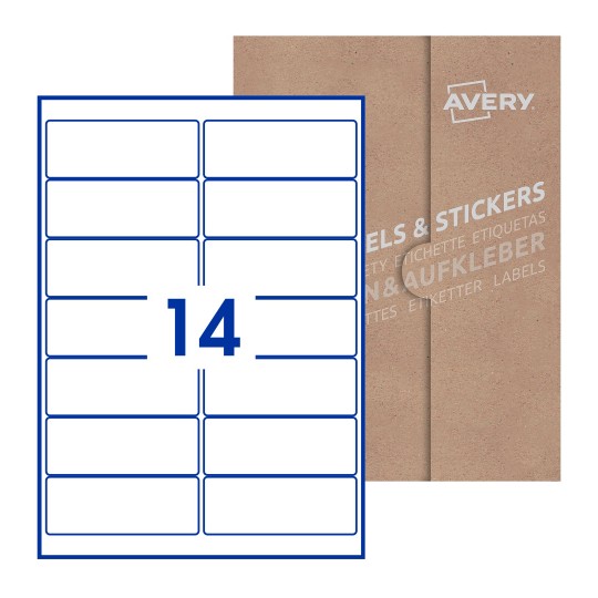 Hoja blanca con 14 etiquetas rectangulares 99x38mm con embalaje de papel - Etiquetas adhesivas rectangulares Avery 99 x 38mm