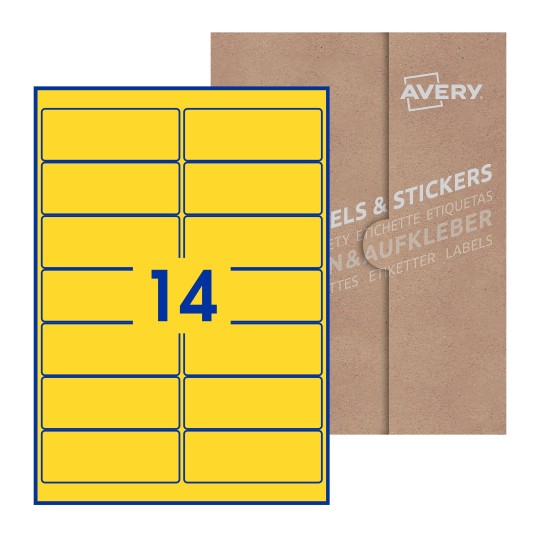 Hoja blanca con 14 etiquetas rectangulares 99x38mm con embalaje de papel - Etiquetas adhesivas rectangulares Avery 99 x 38mm