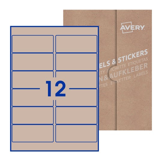 Hoja blanca con 12 etiquetas rectangulares 99x42mm con embalaje de papel - Etiquetas adhesivas rectangulares Avery 99 x 42mm