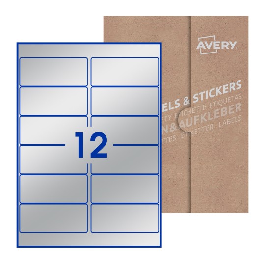 Hoja blanca con 12 etiquetas rectangulares 99x42mm con embalaje de papel - Etiquetas adhesivas rectangulares Avery 99 x 42mm